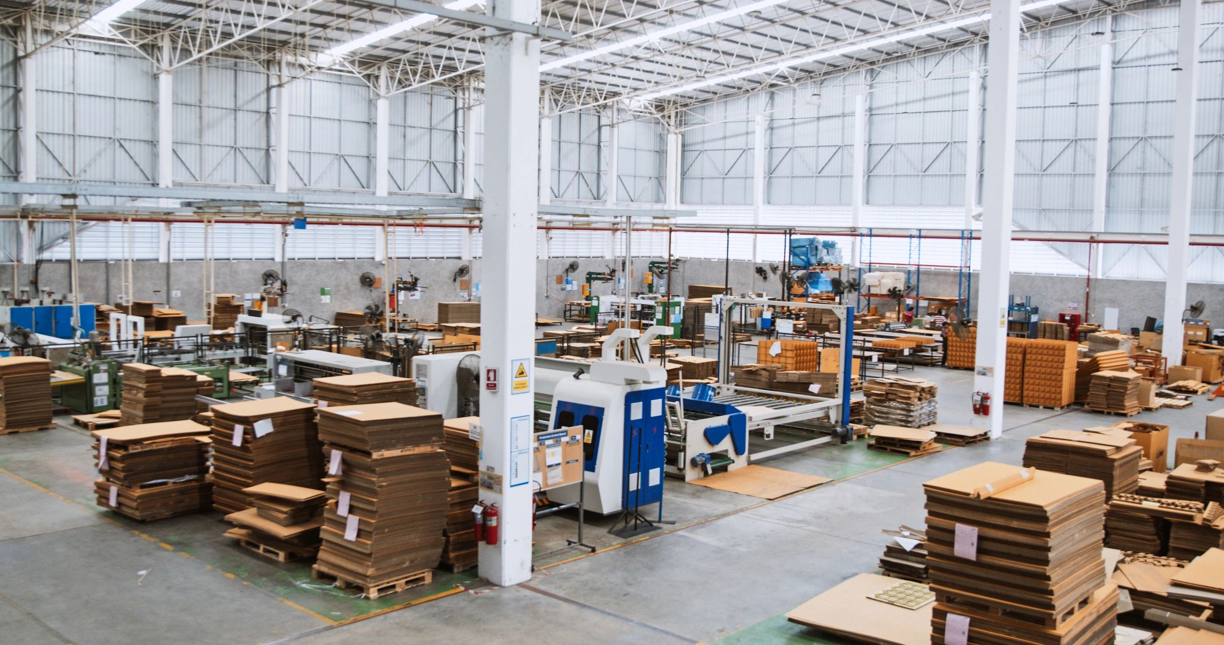High-angle view of an operating packaging and logistics facility